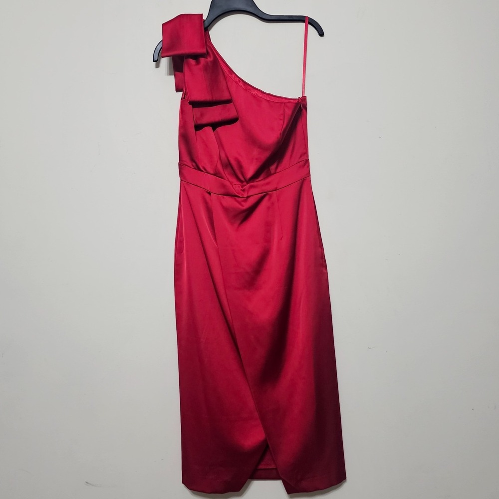 Alex Marie Dress 4/Small Red One Shoulder Bow Sleeveless Midi Front Slit 1086